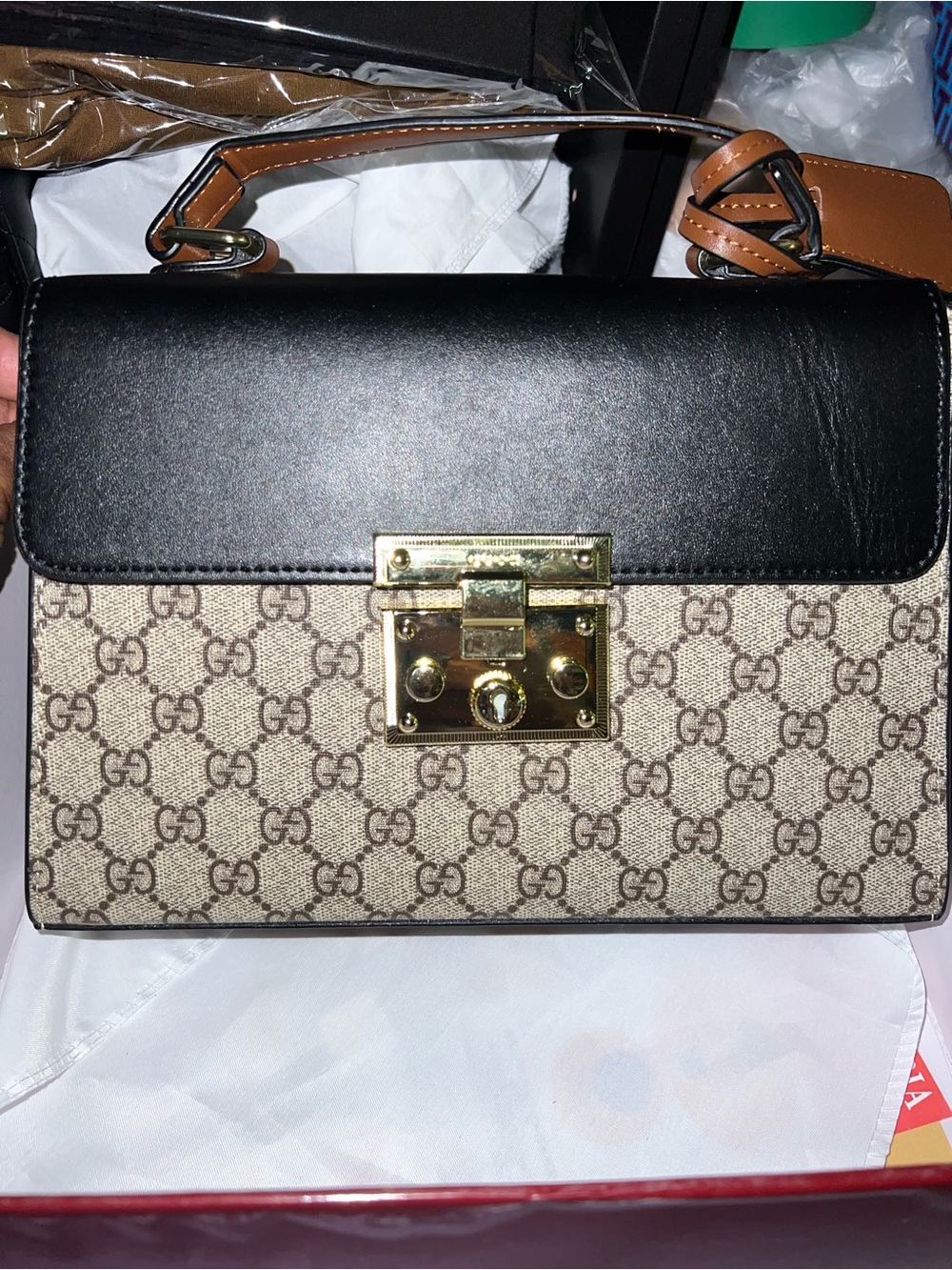 Black & Beige leather Top-Handle Bag